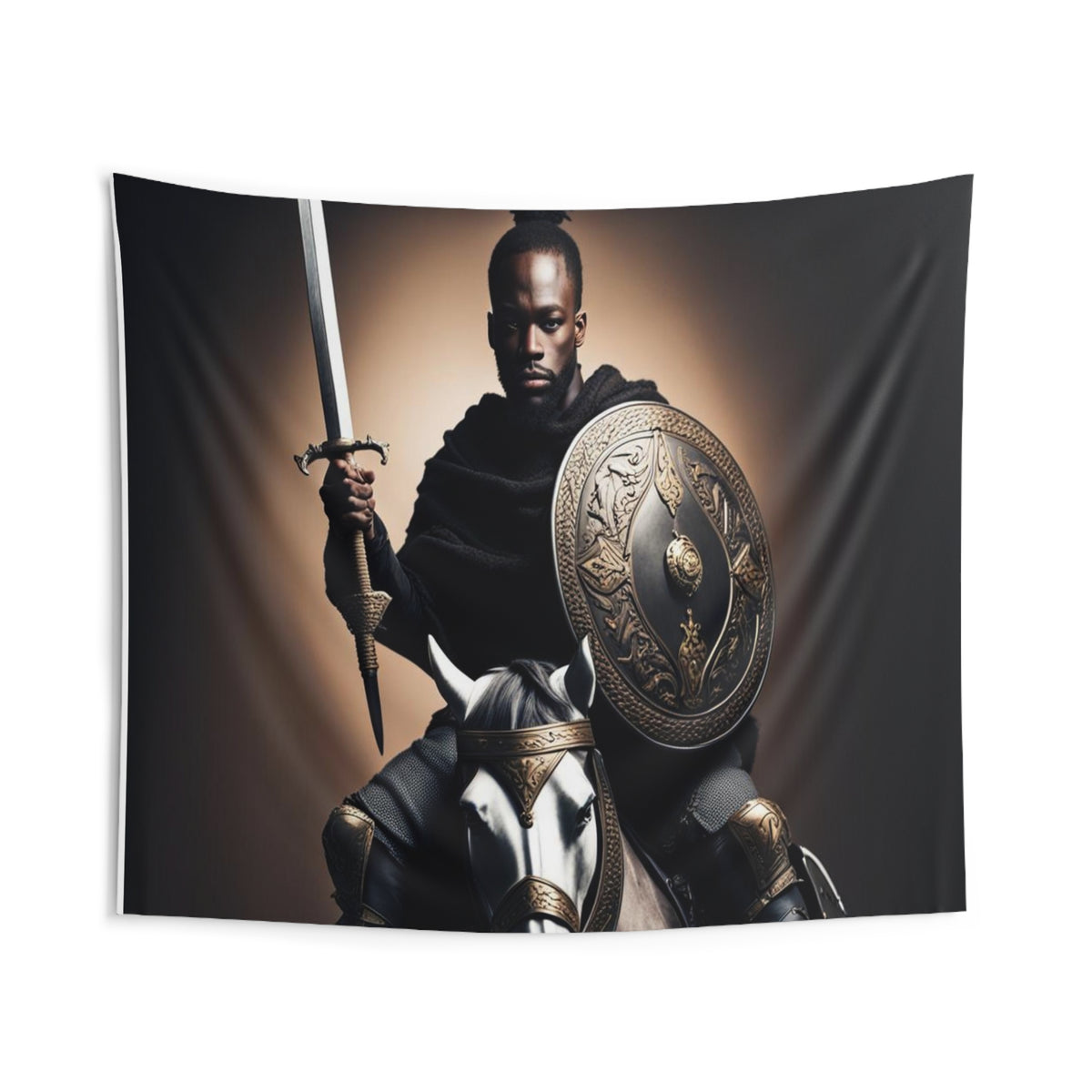 Warrior with Sword and Shield on Horseback, African American Art, Black Man Warrior Wall Art, African Man On Horse Tapestry Art, Boys Room Wall Decor, Horse Lover Gift