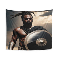 Focused Warrior with Shield, African American Warrior Art, Black Man Tapestry Wall Art, Black Power Wall Hanging Art, African Art Above Bed Decor